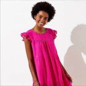 LOFT Bright Colorful Pink Artsy Tiered‎ Flutter Sleeve Babydoll Dress XL Petite